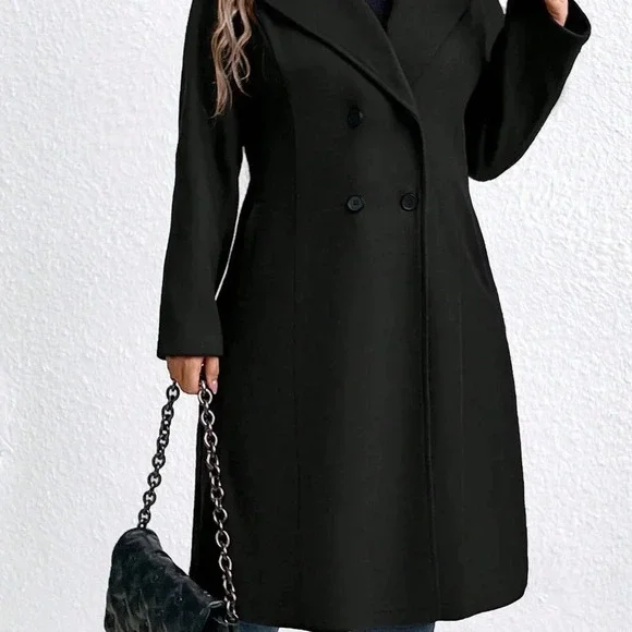 Black Casual Women's Plus Size Plain Double Breasted Pocket Long Sleeve Overcoat